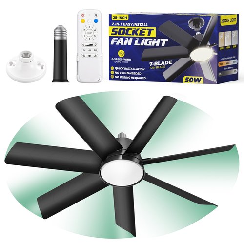 Orbecco 28in Socket Fan Light, 4000LM Ceiling Fans with Lights and Remote, 3000K-6500K 3 Colors 6 Speeds Socket Fan E26/E27 Base, Screw in Ceiling Fans for Living Room, Kitchen, Black