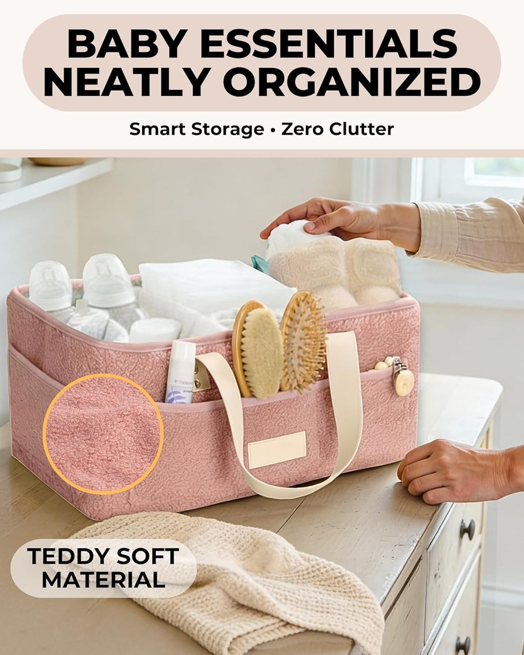 Skiennix Baby Diaper Caddy Organizer - Portable Changing Mat & Removable Dividers - Teddy Fleece Design