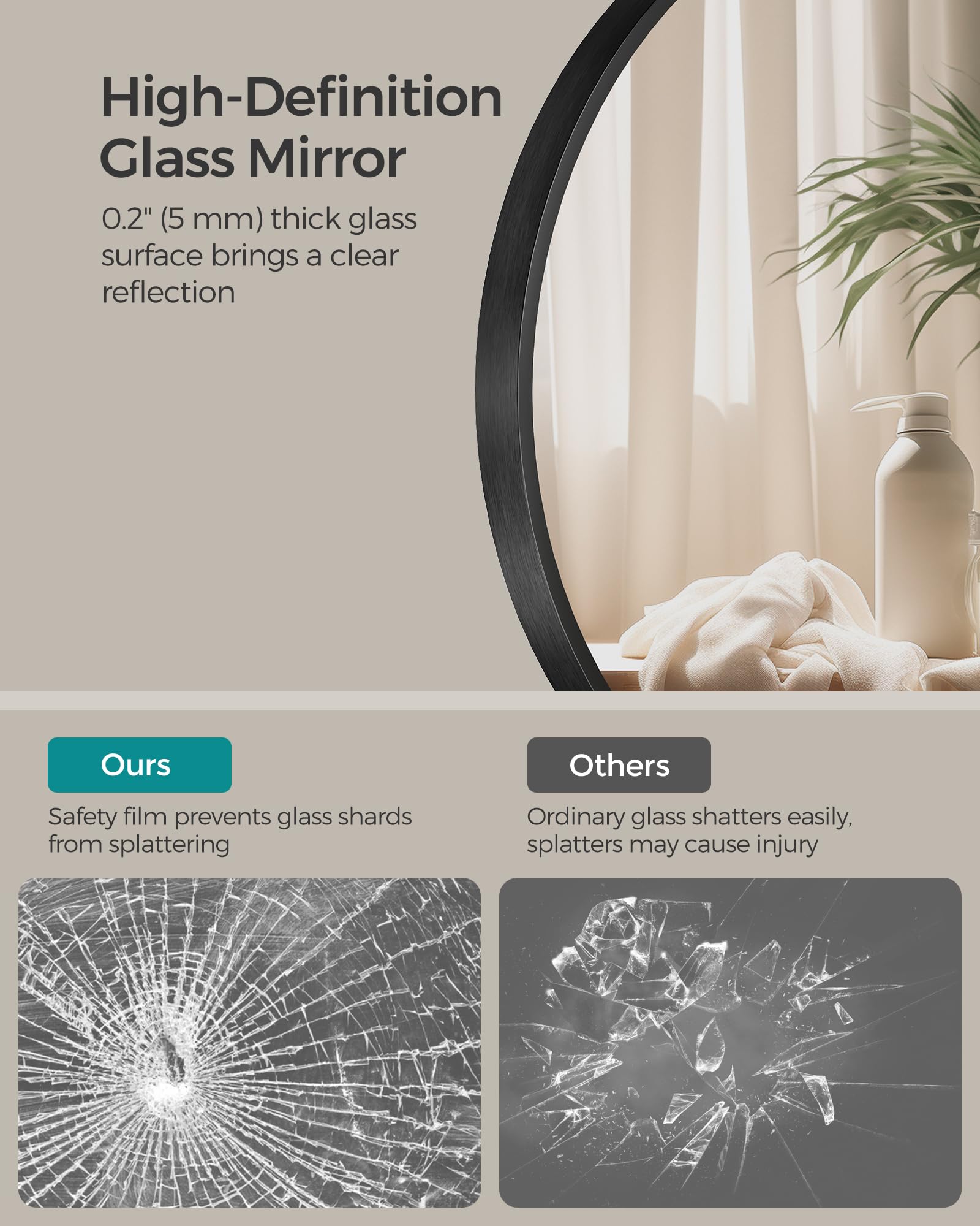 SONGMICS Bathroom Round Mirror for Wall, 24 Inches Black Circle Mirror，Metal Frame,for Bathroom Over Sink, Living Room, Bedroom, Entryway, Hallway, Ink Black ULWM102B01