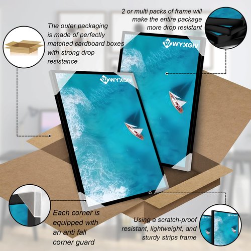 Wyxgiv 16x20 Picture Frame Set of 2, Scratch-Proof Black Frame Lightweight yet Sturdy Display Poster Artwork 16 x 20 Horizontally/Vertically - Slide-In Strips|2 Packs|Black|16"x20"
