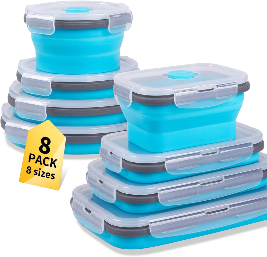 Skiennix Collapsible Food Storage Containers - 8 Pack Silicone Set for Camping & RV | Microwave & Dishwasher Safe, Blue