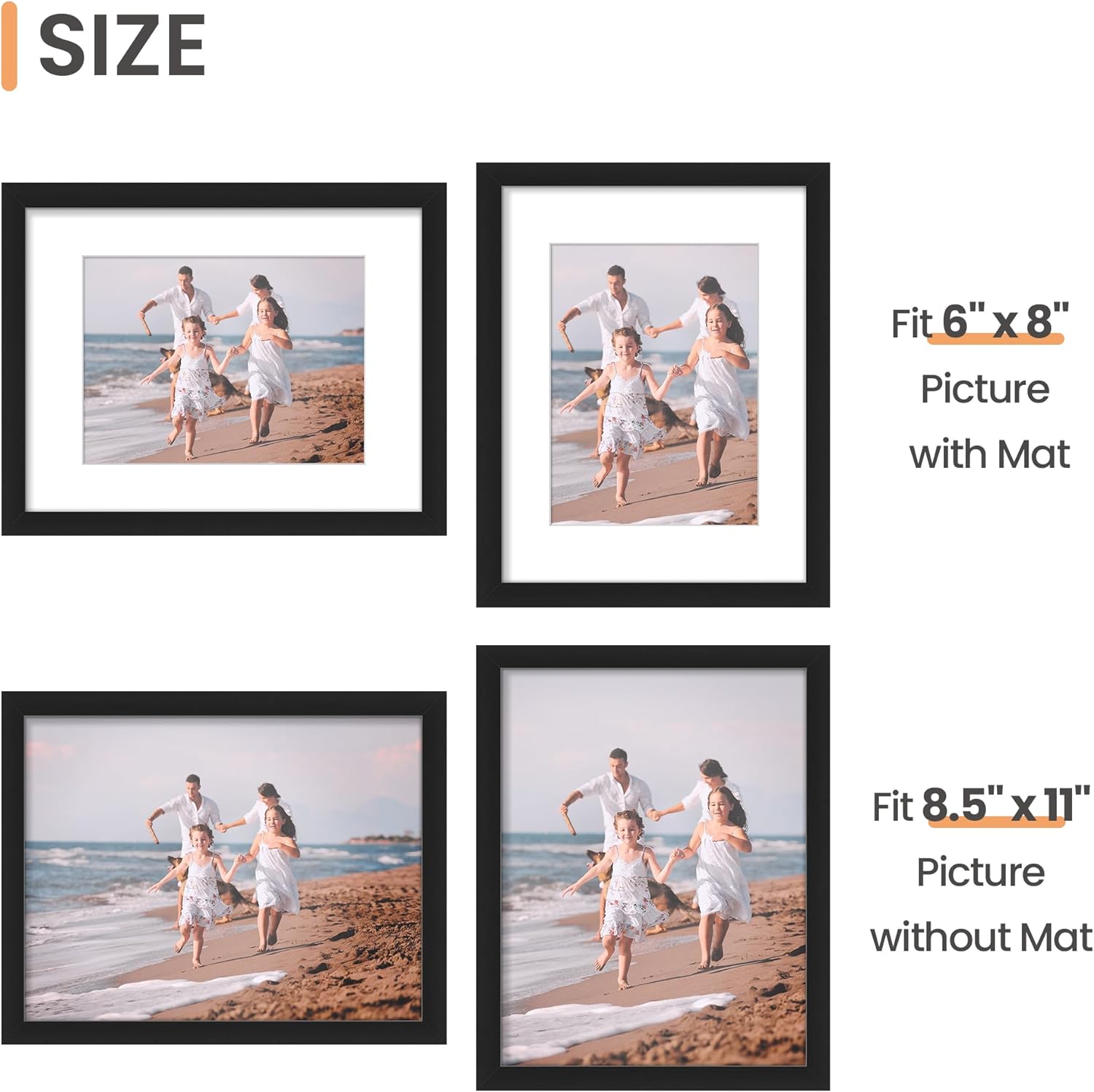 Upsimples 8.5x11 Picture Frame Set of 5 - Versatile Black Frames for 6x8 or 8.5x11 Photos