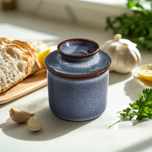 Blue French Butter Dish，Handmade Reactive Glaze Ceramic Butter Crock with Water Line for Speradable Fresh Butter