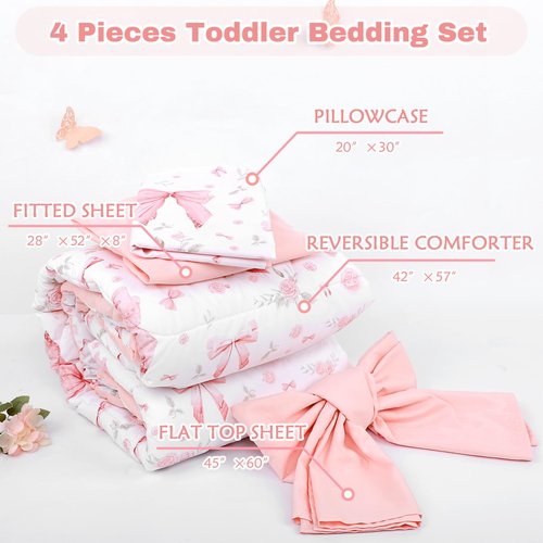 Jundetye Toddler Bedding Set for Girls 4 Pieces Pink Rose, Soft Breathable Toddler Comforter Set, Bow Flower Print, Includes Reversible Comforter, Fitted Sheet and Flat Sheet, Pillowcase