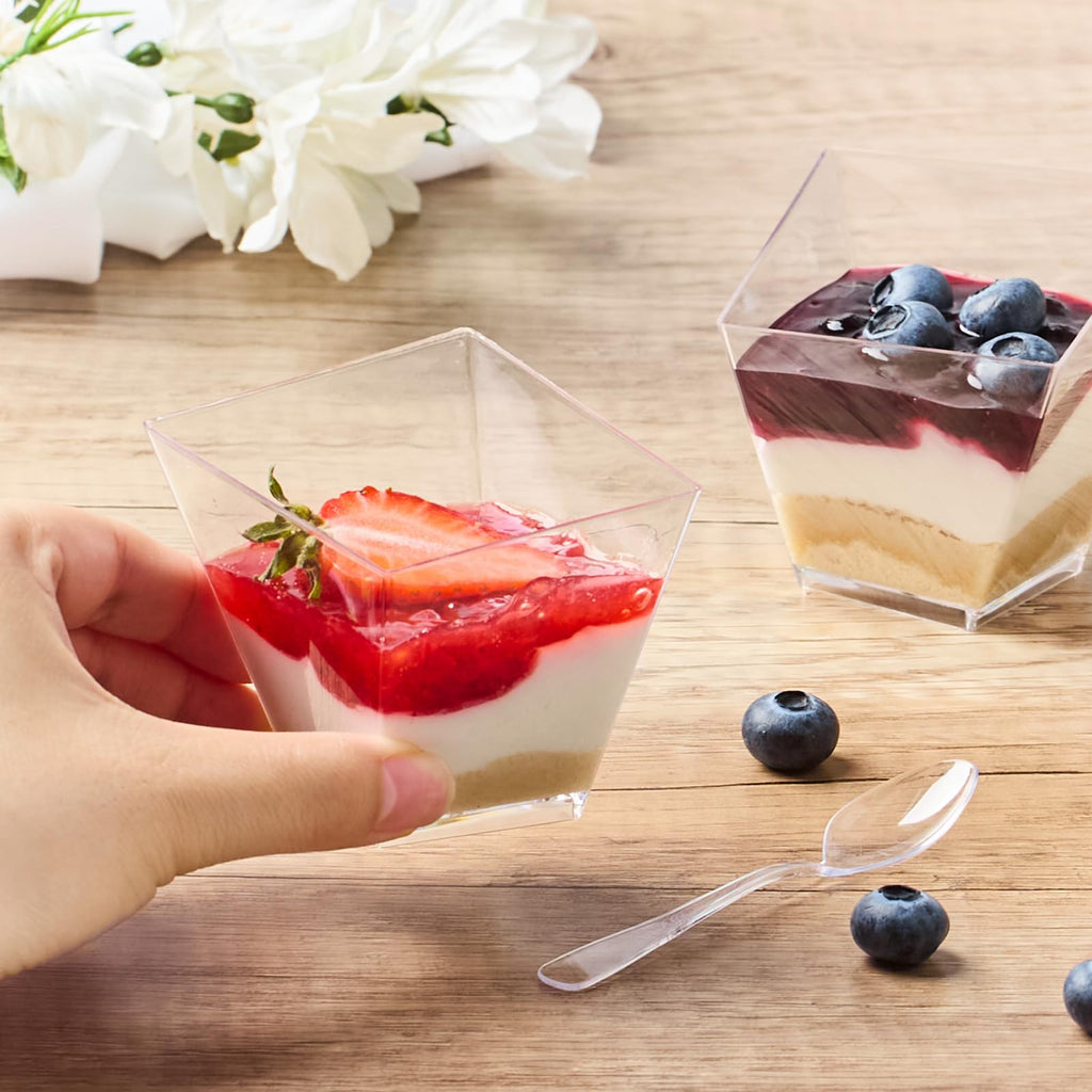 Zezzxu 4 oz Slanted Irregular Dessert Cups with Spoons, 50 Pack Mini Appetizer Cups Small Plastic Party Serving Cups for Ice Creams Mousses Puddings Parfaits Triffles