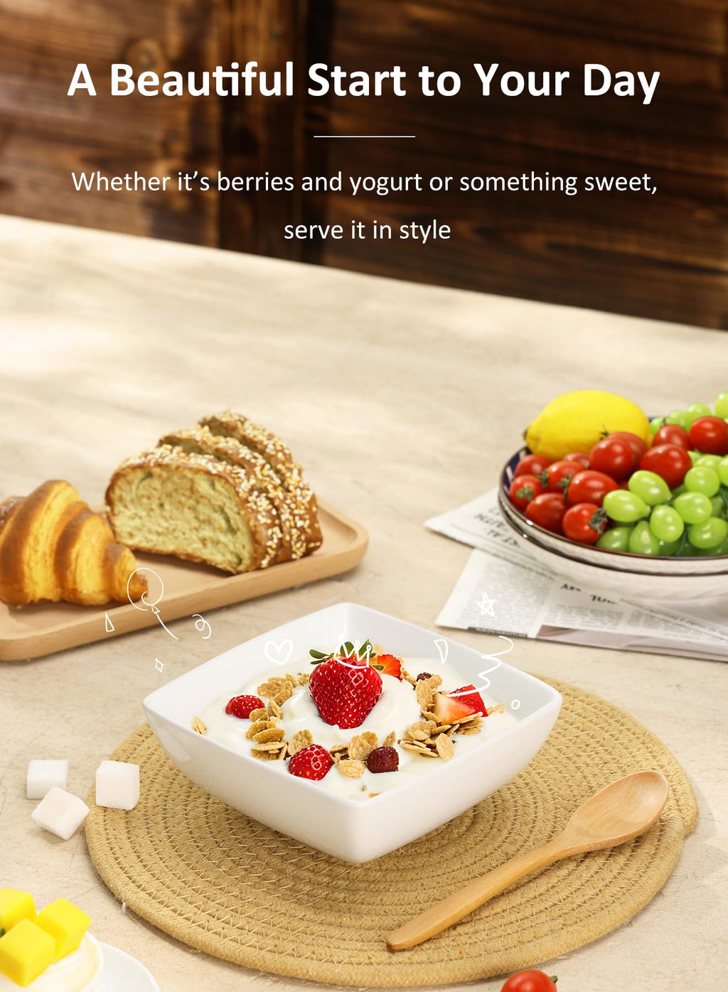 Yedio Porcelain Soup Bowls Set of 6, 28 OZ Square Cereal Bowls, Rice Bowl, for Ice Cream and Dessert Snack, Wedding Party Gift, Microwave Safe Bowl