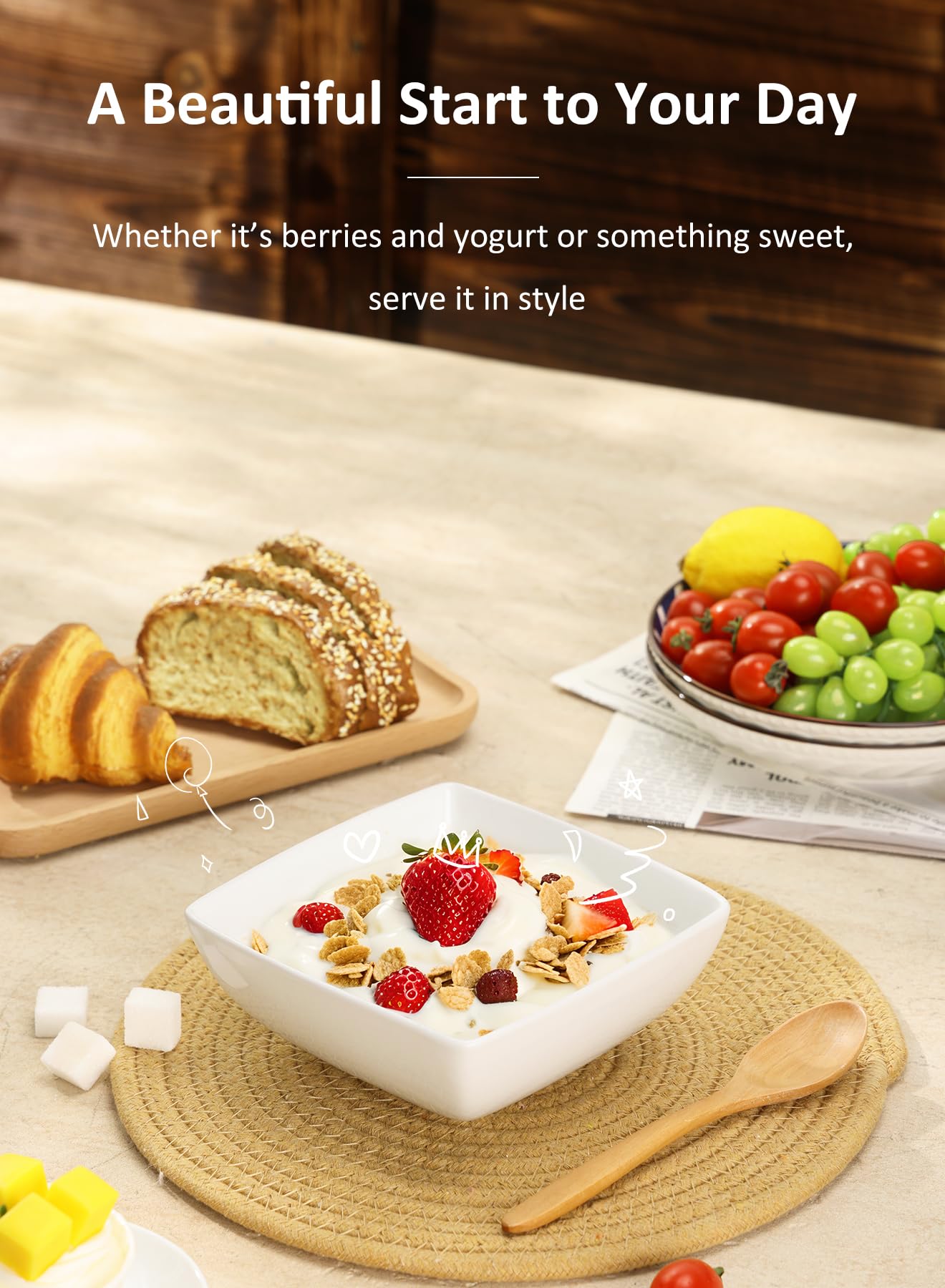 Yedio Porcelain Soup Bowls Set of 6, 28 OZ Square Cereal Bowls, Rice Bowl, for Ice Cream and Dessert Snack, Wedding Party Gift, Microwave Safe Bowl