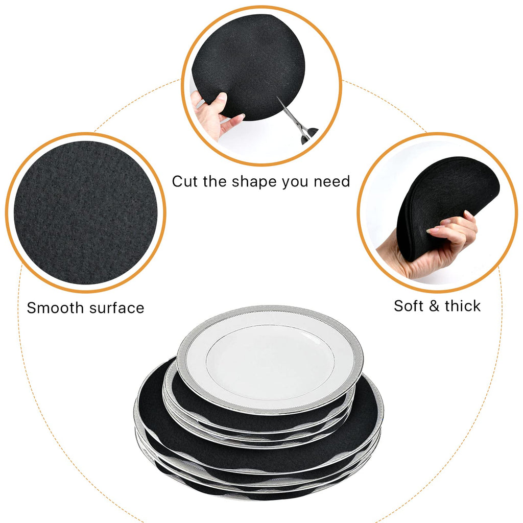 Aemygo 100 Pack Felt Plate Storage Dividers, Thick Felt Round Dish Storage Protectors Pads with 3 Sizes, Premium China Plate Separators for Packing Stacking Cookware, Black