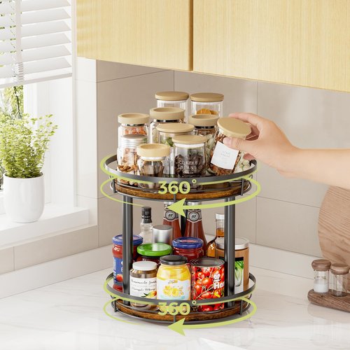 LAMU 12'' Wood Lazy Susan Spice Rack Organizer, 2 Tier Spice Organization for Cabinet, Countertop, Kitchen, Table Top, Pantry, Condiment and Seasoning Rack Organizer