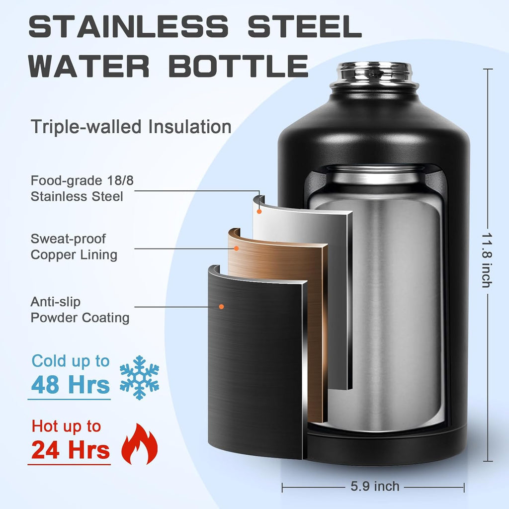 Skiennix Insulated 1 Gallon Water Bottle - Leak Proof Stainless Steel Jug with 2-in-1 Lid & Paracord Handle
