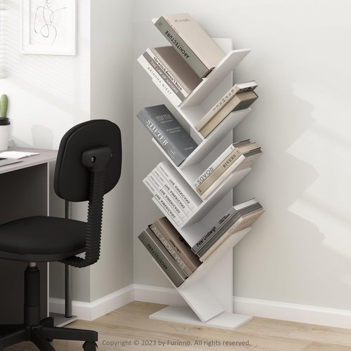 Furinno TREE Bookshelf - 9-Tier Angled Open Bookcase for Stylish Room Decor | White, 8.4 x 15.7 x 50.9