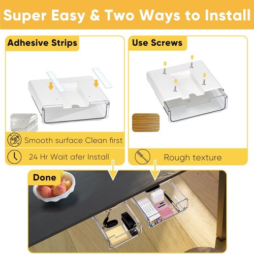 OrgaFocus 2 Pack Under Desk Hanging Drawer Slide Pull Out, Attachable Clear Acrylic Storage Tray, Easy Hidden Self Adhesive Mount Cabinet Shelf Holder for Tables, Home & Office, Counters, Workstation