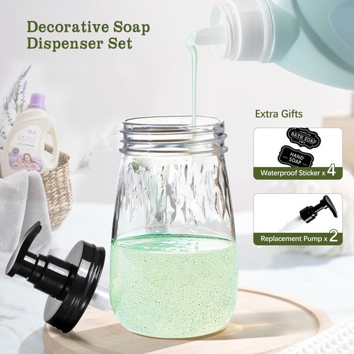 Amolliar Plastic Soap Dispenser with Pump Lid, 16 Oz Refillable Bathroom Hand Dish Soap Dispenser Set, Clear Kitchen Liquid Dispenser with Cute Lables for Farmhouse Shower (2 Pack, Black)