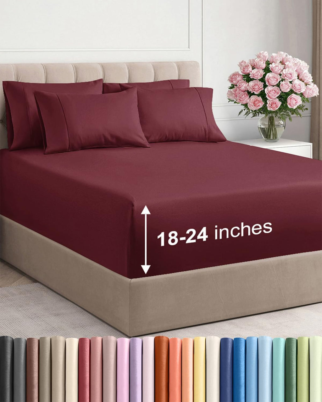 Skiennix Extra Deep Full Sheet Set - 6-Piece Breathable Cooling Bedding - Soft, Wrinkle-Free Comfort - Burgundy