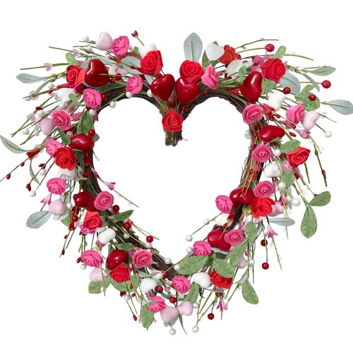 Valentines Day Wreaths for Front Door 17.7 Inch Heart Wreath with Roses Hearts Berries Handmade Grapevine Pink Wreath for Door Wall Home Wedding Party Gift Valentines Decorations