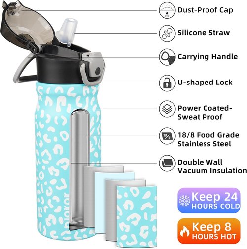 BJPKPK Insulated Water Bottle - 18oz Stainless Steel Flask with Straw & Carry Handle | Sky Blue Leopard