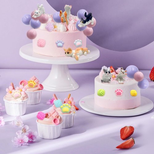 Firleayo Cat Cake Topper Cat Paw Cake Toppers Cat Cake Decorations Cats Themed Cupcake Decor Mini Cats Figurines Wool Ball Cake Toppers for Birthday Baby Shower Party