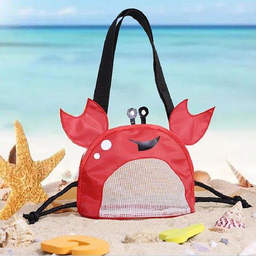 Linsiter Mesh Beach Toy Bag, Crab-Shaped Shell Collecting Bag with Adjustable Shoulder Strap, Cute Sand Toy Storage for Kids, Red