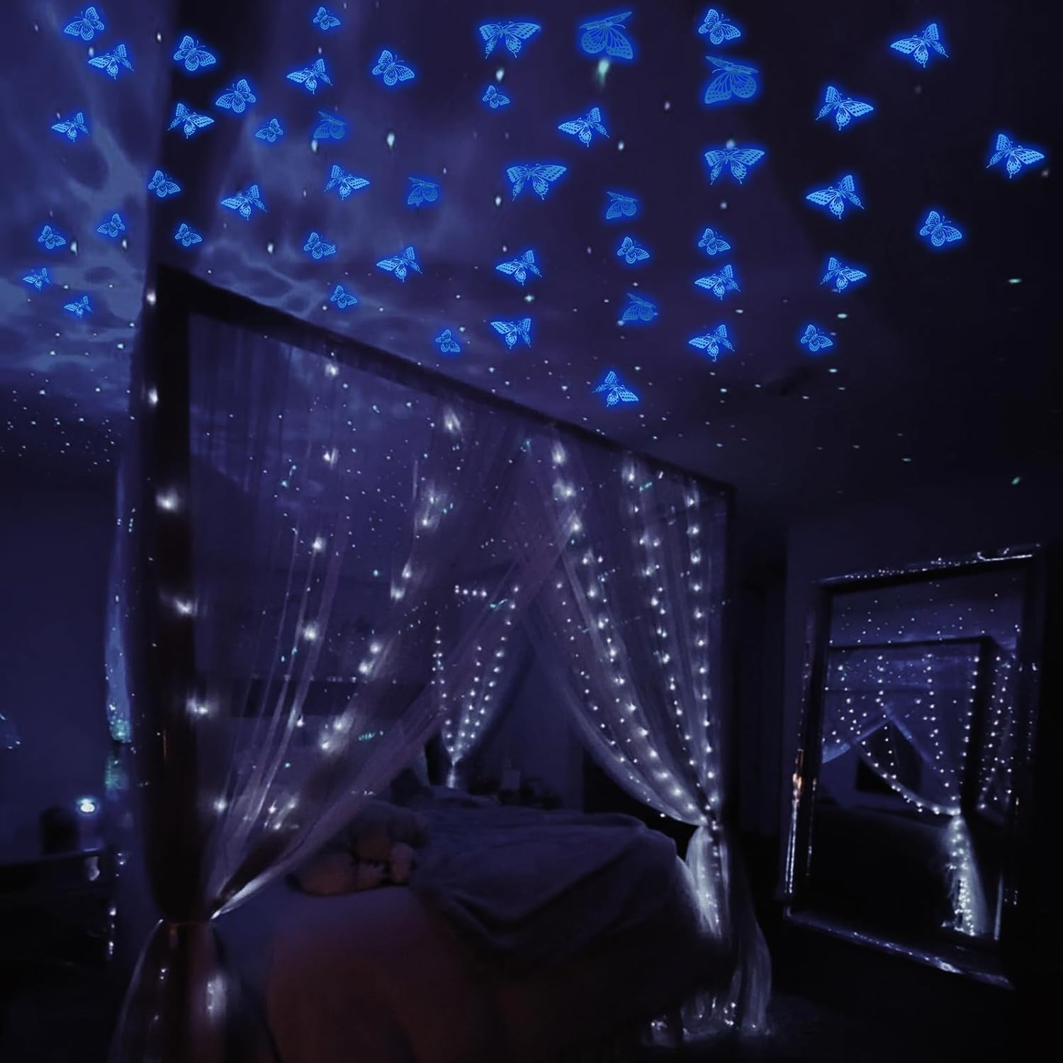 SAOROPEB Glow In The Dark Butterfly Stickers - 24 Pcs in 3 Sizes for Ceiling & Wall Decor | Luminous Kids' Nursery Decor (Blue)