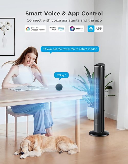 GoveeLife Black Tower Fan for Bedroom, 36" Smart Floor Fan with App/Voice Control, Temperature Sensor, 5 Modes 8 Speeds(25ft/s), 29dB Quiet Oscillating Fan for Office, 24H Timer, Auto Cooling