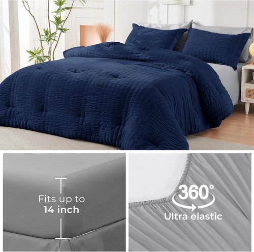 HYMOKEGE Twin XL Comforter Set - Navy Blue & Light Grey Seersucker | 5-Piece All-Season Luxury Bedding Set