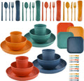 48Pcs Wheat Straw Dinnerware Sets, Unbreakable Plastic Plates and Bowls Sets, Dinner Sets for 4 People, Travel Picnic Camping Cutlery Set, Home Party Cutlery Set, Dishwasher Microwave Safe Dishes