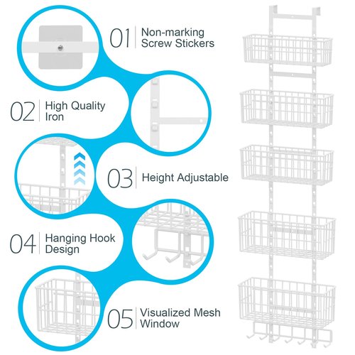 Hongtamoya Adjustable Over The Door Organizer, Metal Hanging Door Organizer with 5 Wire Basket 7 Hooks, Wall Mounted Shelf for Pantry Closet Organization and Storage, White