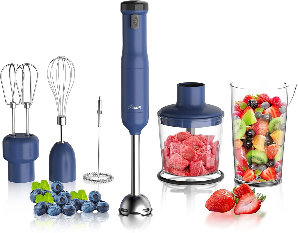 Rosewill 6-in-1 Cordless Immersion Hand Blender - Multi-Speed Heavy Duty Motor for Smoothies, Baby Food & Soup - Blue
