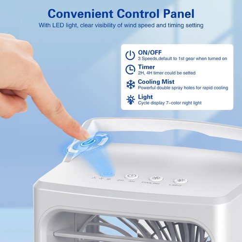 BriteZen Portable Air Conditioners, 3 Wind Speed with Icy Mist Mode Portable AC Unit, 900ML Tank Evaporative Air Cooler Fan Blow Cold Air, Mini Cooling Fan with 2/4H Timer 7 Lights for Bedroom Office