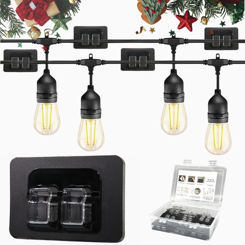 ChoiHeiy 50Pcs Hooks for Outdoor String Lights With Waterproof Adhesive Strip, Heavy Duty Christmas Light Clips for Outside, Patio Outdoor Hooks, Black