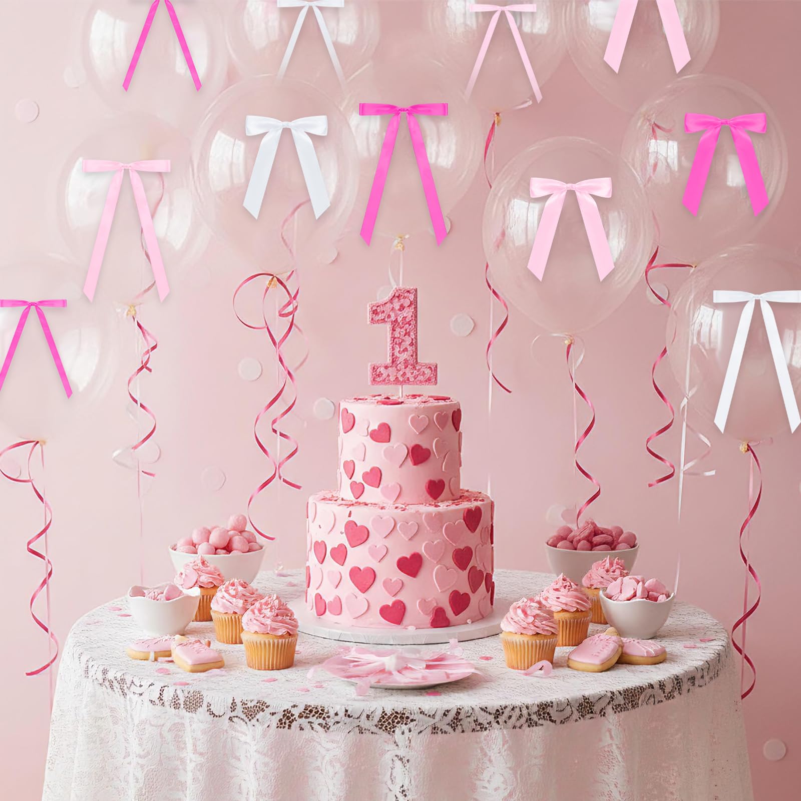 Suncalla 60 Pcs Bow Wall Decor, DIY Bows Party Decorations, Satin Ribbon Bow Garland Photo Backdrop for Birthday Baby Shower Bridal Shower Bachelorette Wedding Party Decor(Pink Series)
