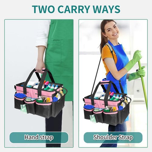 BOHEMIABY Cleaning Bags for Housekeepers, Large Cleaning Supplies Organizer with Handles & Shoulder Strap, Cleaning Caddy Bag with Foldable Divider for Cleaners, Car Horse Cleaning Bag(Pink)