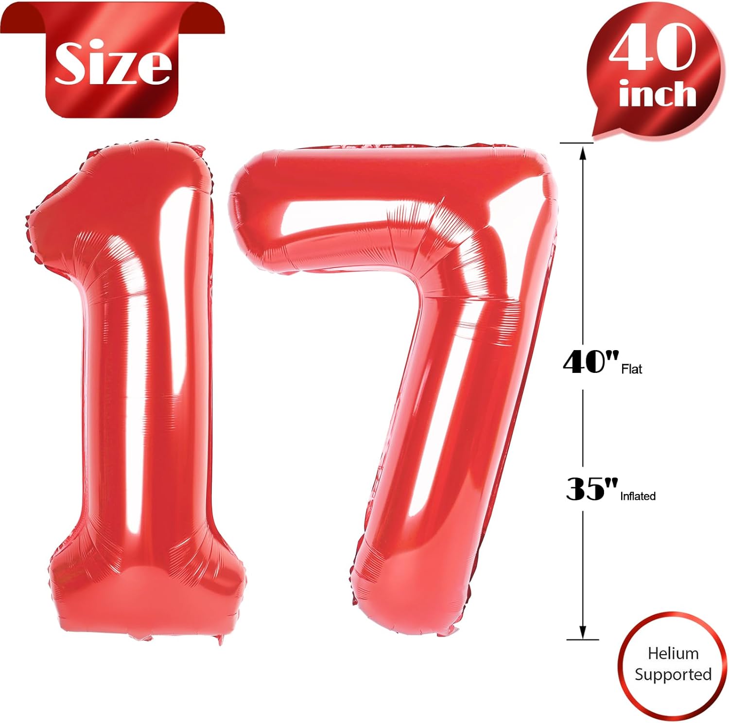 Red Number 17 Balloon - 40 Inch Birthday Decoration for 17th Party | Perfect for Boys & Girls