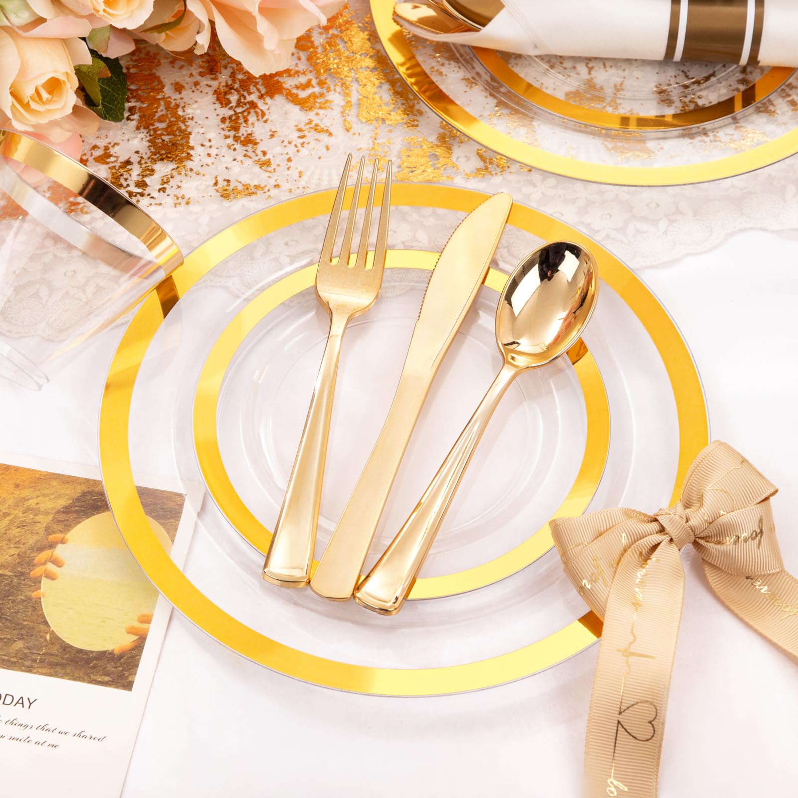 Liacere 350PCS Clear Gold Plastic Plates for 50 Guests Dinnerware Include 100 disposable Plates 150 Gold Silverware 50Napkins for Party & Wedding