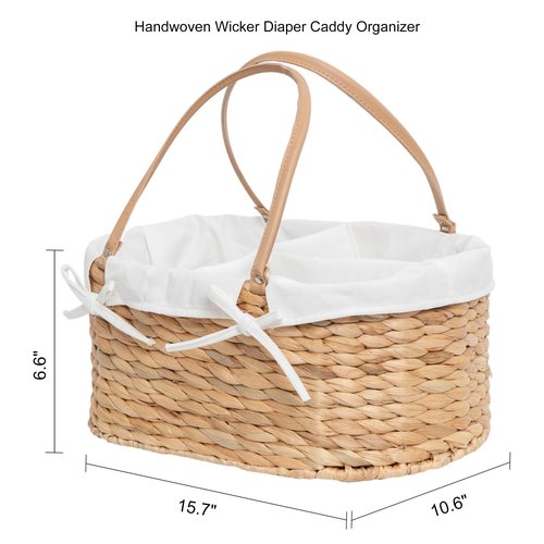 QINGTUHOME Handwoven Wicker Diaper Caddy Organizer, Multi - functional Baby Diaper Bag for Nursery & Home Storage, Detachable Lining, PU Handles, Baby Registry Must Haves (Water hyacinth)