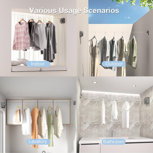 Suntree Retractable Clothesline in Grey - 16.4ft Sag-Proof Stainless Steel Cable, 5 Clips, 2 Installation Kits (No Drill/Drill), 44lb Heavy Duty Wall Mount Indoor Outdoor Laundry Drying Line