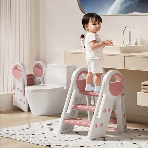 MELOLAND Toddler Step Stool Foldable for Kids,Turns from 3 Layers into 2,for Bathroom Sink (Pink)