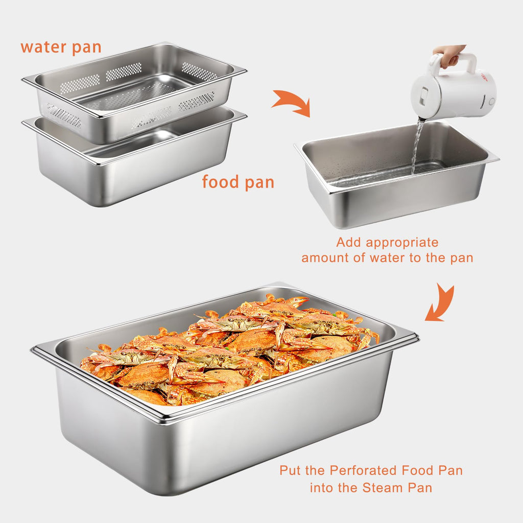 Tioncy 2 Pack Full Size Hotel Pans with Perforated Steam Pan, Stainless Steel Steam Table Pan Multifunctional Food Chafing Supplies for Restaurant Kitchen(Full Size, 4 Inches, 6 Inches)