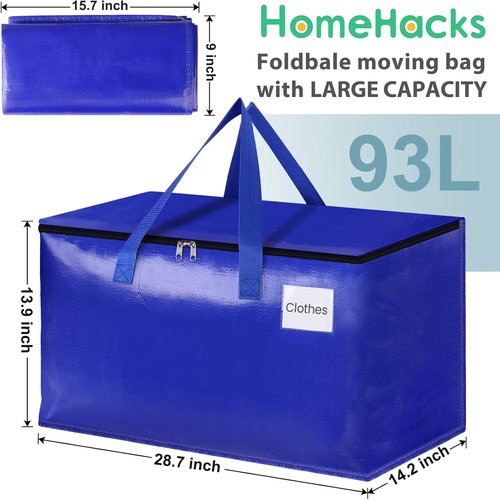 HomeHacks Moving Bags - 8-Pack Heavy Duty Storage Totes with Strong Zippers & Handles | 93L (Blue)