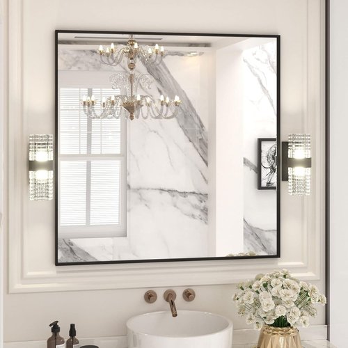 LOAAO Black Rectangle Bathroom Mirror - 36"x36" Matte Black Aluminum Frame, Tempered Glass, Versatile Hanging Options
