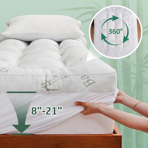 DOWNCOOL 3-Inch Queen Mattress Topper - Cooling Memory Foam for Back Pain Relief | Breathable Bamboo Viscose, Deep Pocket Fits 8-21 Inches