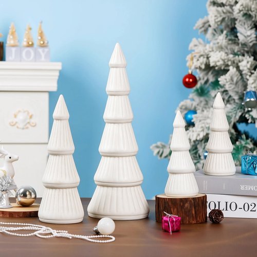 4 Pcs 12.5inch Ceramic Christmas Tree White Table Top Christmas Decorations Indoor Vintage Porcelain Lighted Tree for Holiday Decor (Beige)