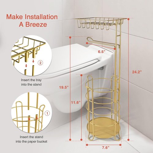 Goozii Gold Free Standing Toilet Paper Holder - Stylish Floor Stand with Phone Shelf & Wipes Tray