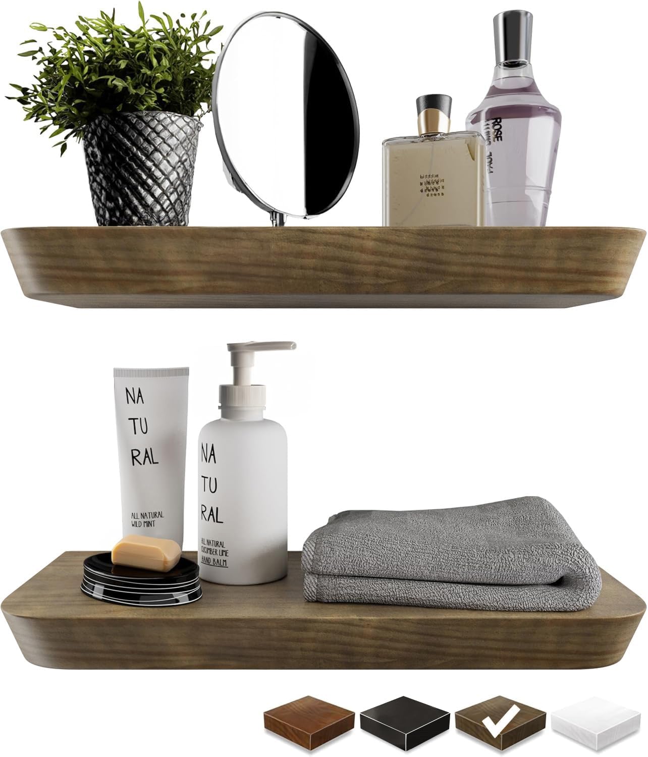Wood Floating Shelves | 16-Inch Set of 2 - Stylish Bathroom & Living Room Storage - American Walnut Finish