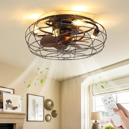 Caged Ceiling Fans with Lights and Remote 18" Black Flush Mount Outdoor Ceiling Fan lights Rustic Low Profile Reversible Bladeless Ceiling Fan for Patios,Farmhouse,Bedroom,Kitchen,Living room