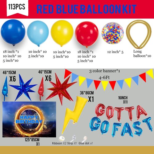 Red Blue Yellow Hedgehog Birthday Party Decorations with Letter Lightning foil balloons Banner backdrop for small balloon arches video game Cartoon Movies Super hero themed birthday party decor