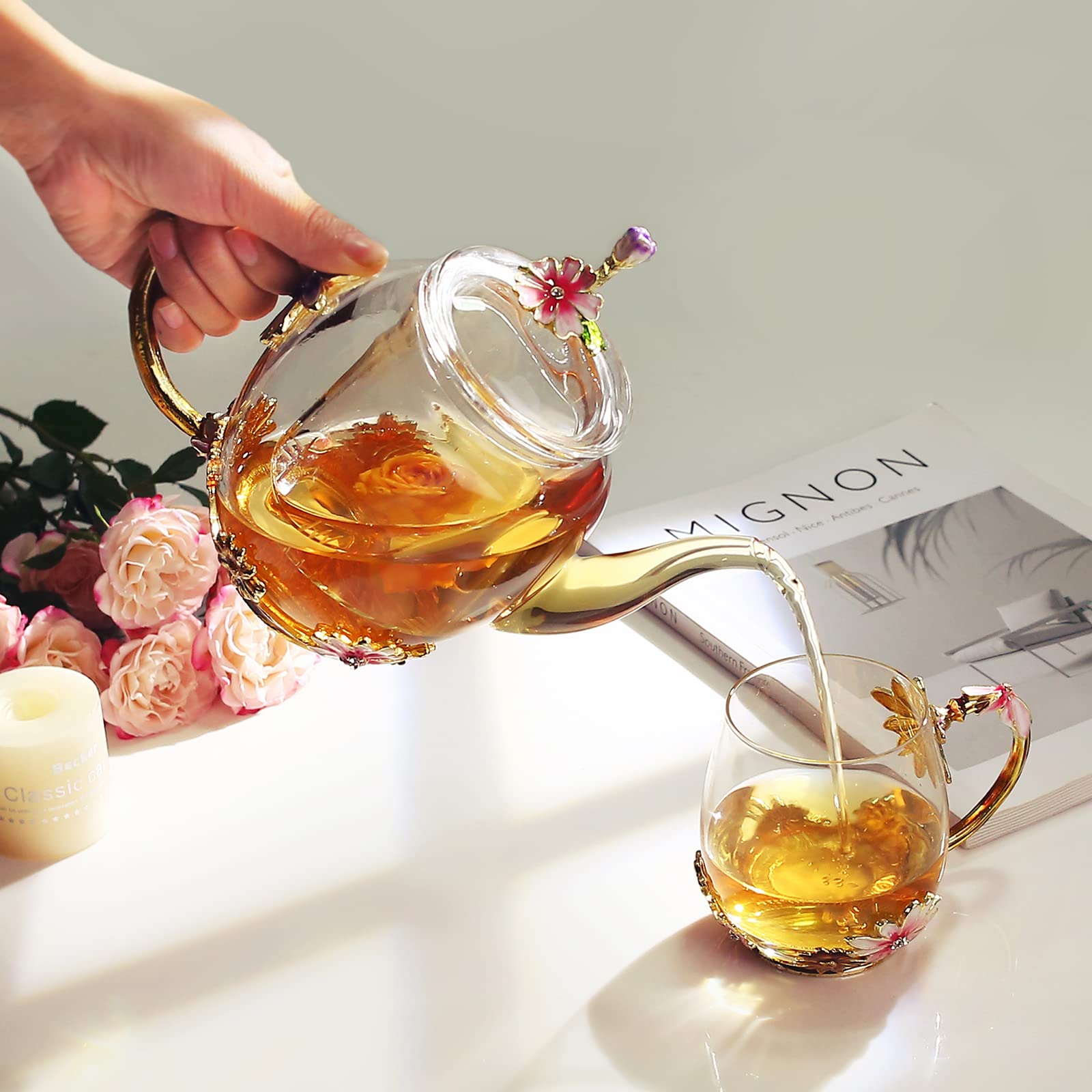 Luka Tech 35OZ Enamel Glass Flower Teapot With Removable Loose Tea Leaf Infuser Tea Maker,Gifts For Women,Mom,Mothers Day,Christmas,Birthday,Valentines Day
