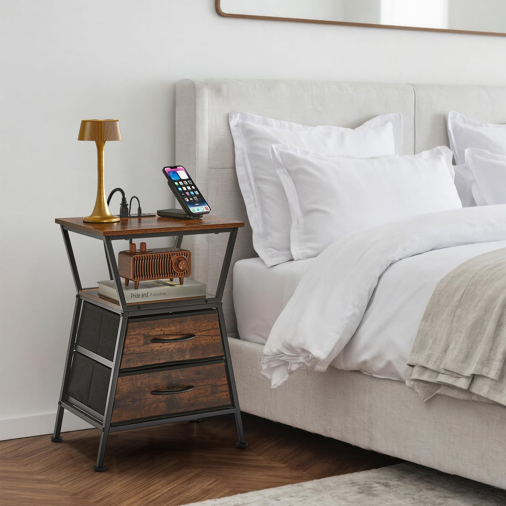 ZEXVIDA Nightstand with Charging Station, Side Tables for Bedroom with Built-in USB Side Table with 2 USB Ports and Outlets Nightstand with Cloth Drawer End Tables Living Room Sofa Couch
