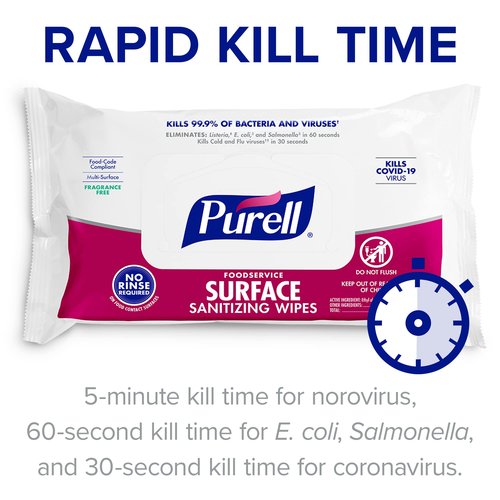 PURELL Foodservice Surface Sanitizing Wipes, 72 Count Flowpack, 7.4" x 9" Wipes (Pack of 12) – 9371-12