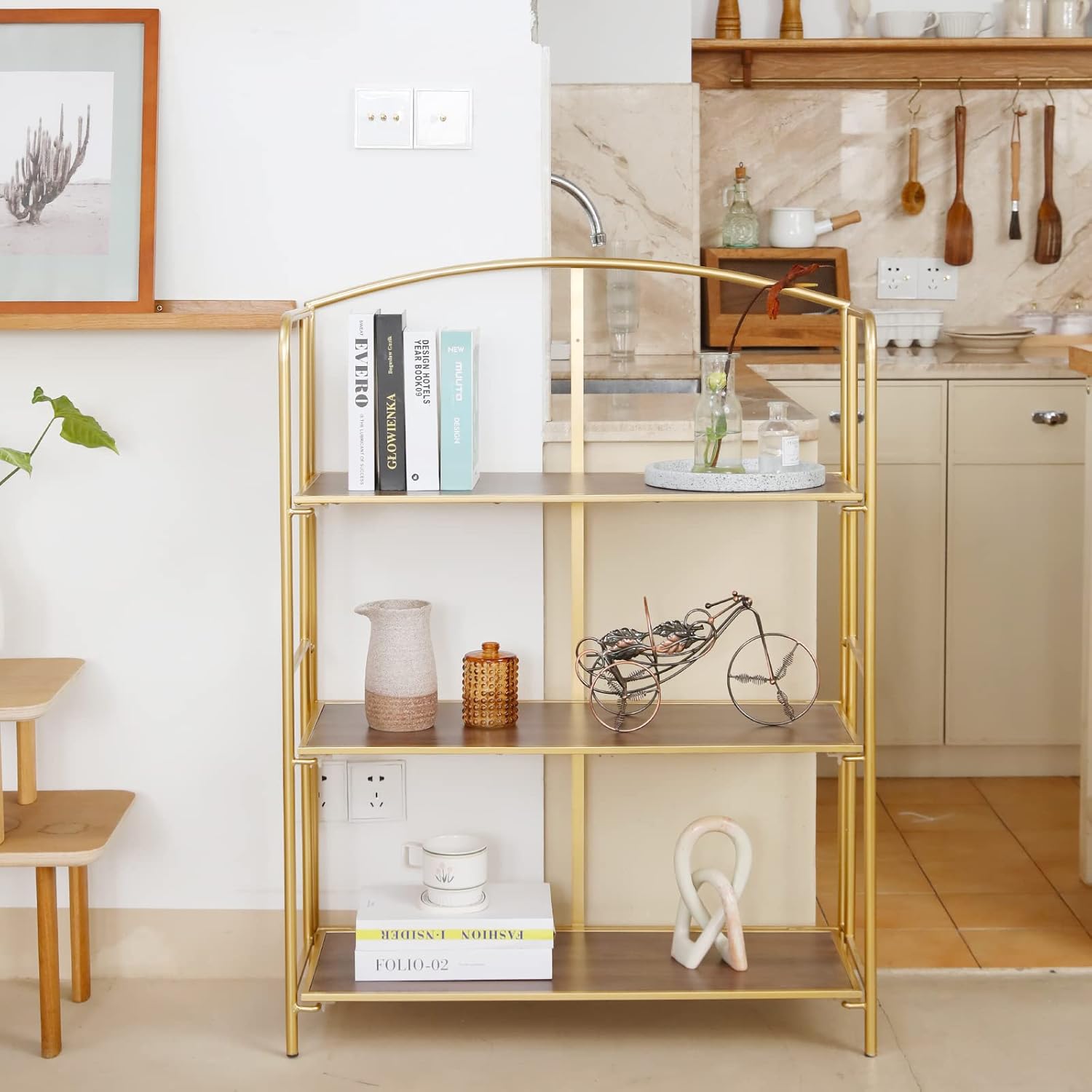 Crofy Folding Bookshelf - No Assembly Required, 3-Tier Gold Bookcase for Living Room & Home Office